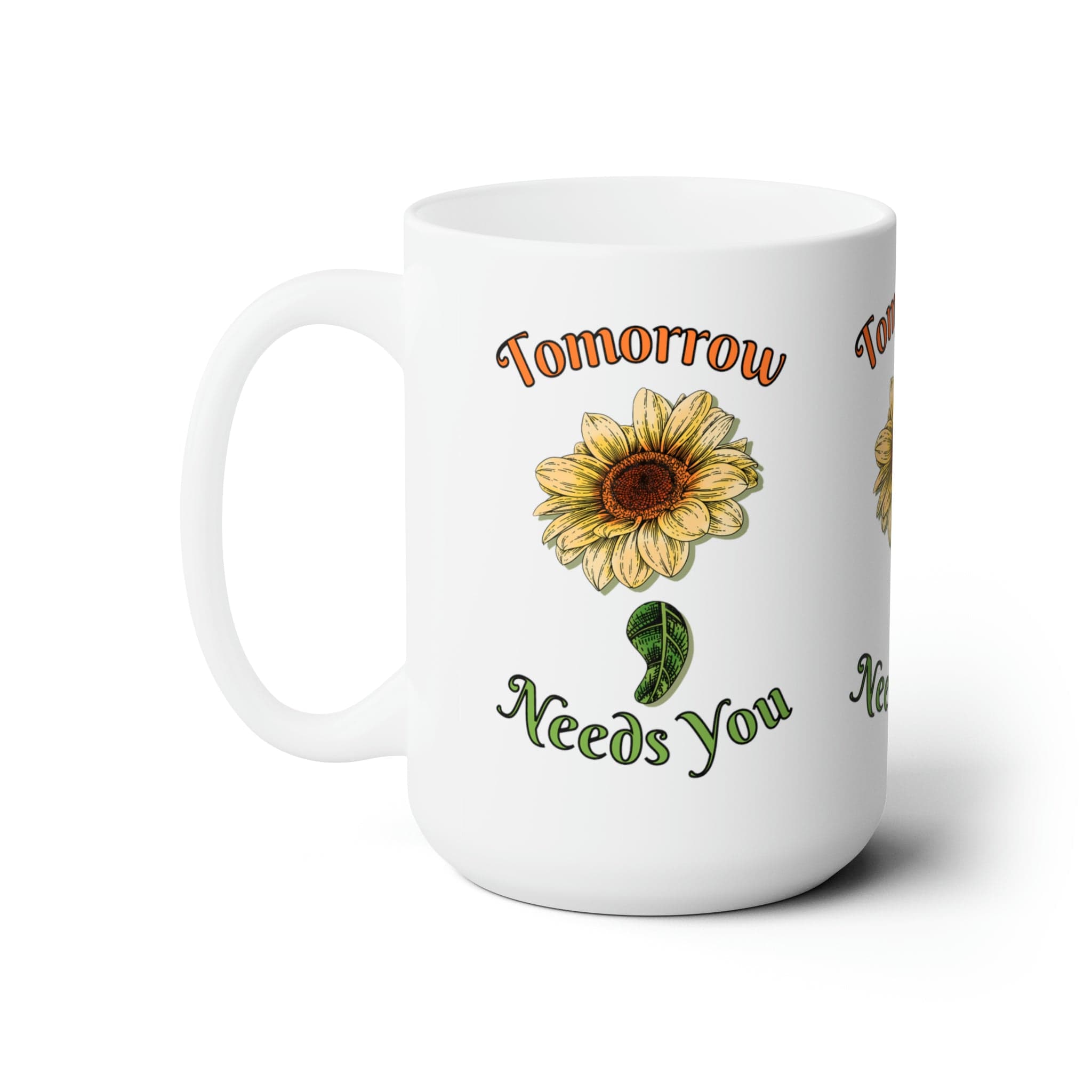 Printify Mug 15oz Coffee Mug, Mental Health Mug, Therapist Mug, Sunflower Semicolon, White 15 oz Ceramic, Gift for Her or Him 96835073377800350006